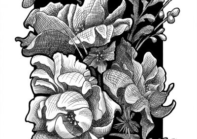 floral arrangement in black and white hatching